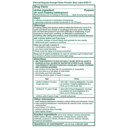CITRUCEL Fiber Powder for Occasional Constipation Relief, Methylcellulose Fiber Powder, Orange Flavor - 30 Ounces - PrimeBioHealth - canada supplements