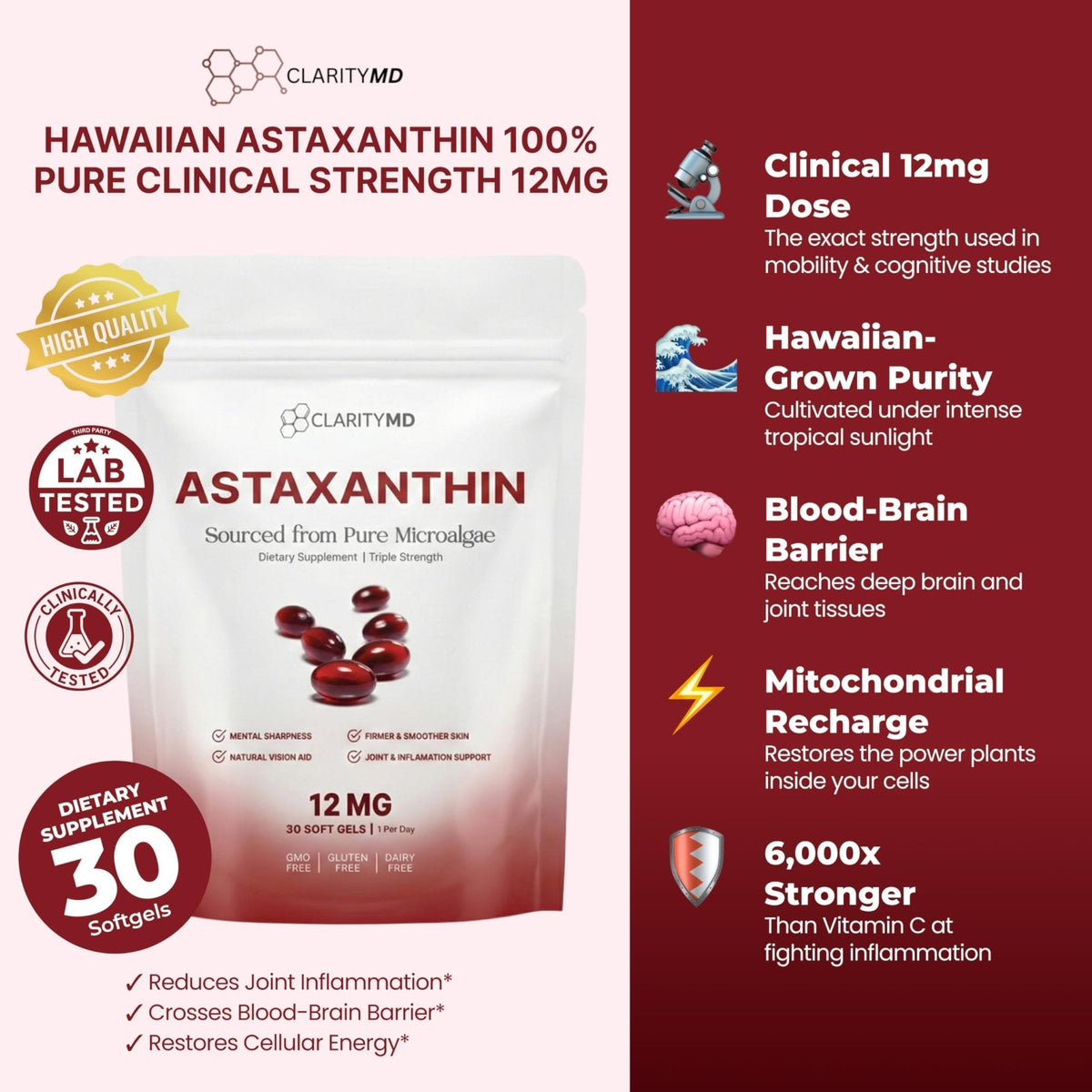 ClarityMD Astaxanthin 12mg Antioxidants Supplement – Natural Microalgae Source – Lipid-Based Softgel for Enhanced Absorption – Cognitive - PrimeBioHealth - canada supplements