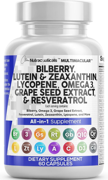 Clean Nutra Eye Vitamins with Bilberry Lutein and Zeaxanthin Supplements Lycopene 40mg Resveratrol Grape Seed Astaxanthin for Eyes - Eye Care Health Support Eye - PrimeBioHealth - canada supplements