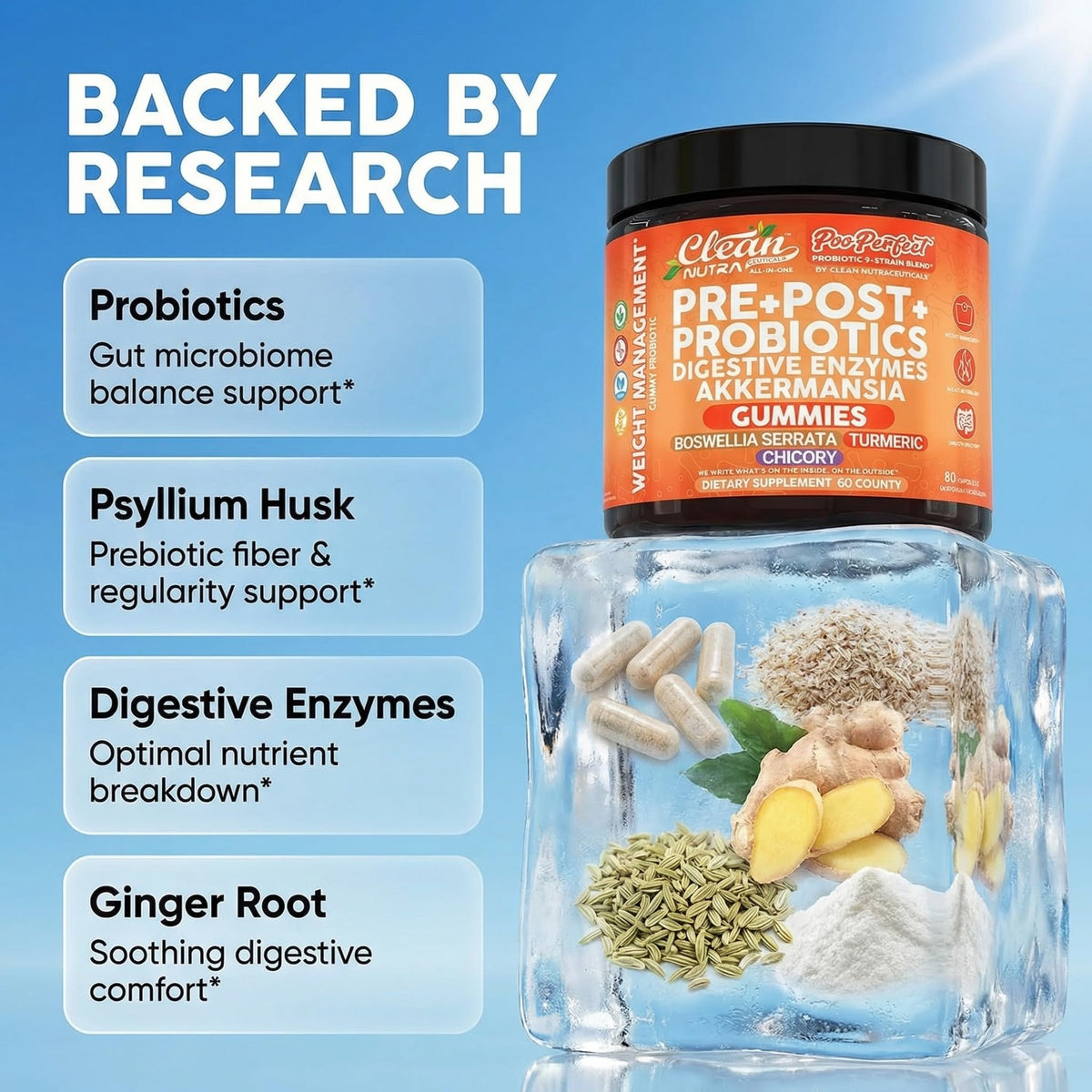 Clean Nutra Prebiotic Postbiotic Digestive Enzymes Gummies with Chicory Root, Boswellia Serrata, Turmeric, and Akkermansia | Pre+Post Probiotics Supplement - PrimeBioHealth - canada supplements