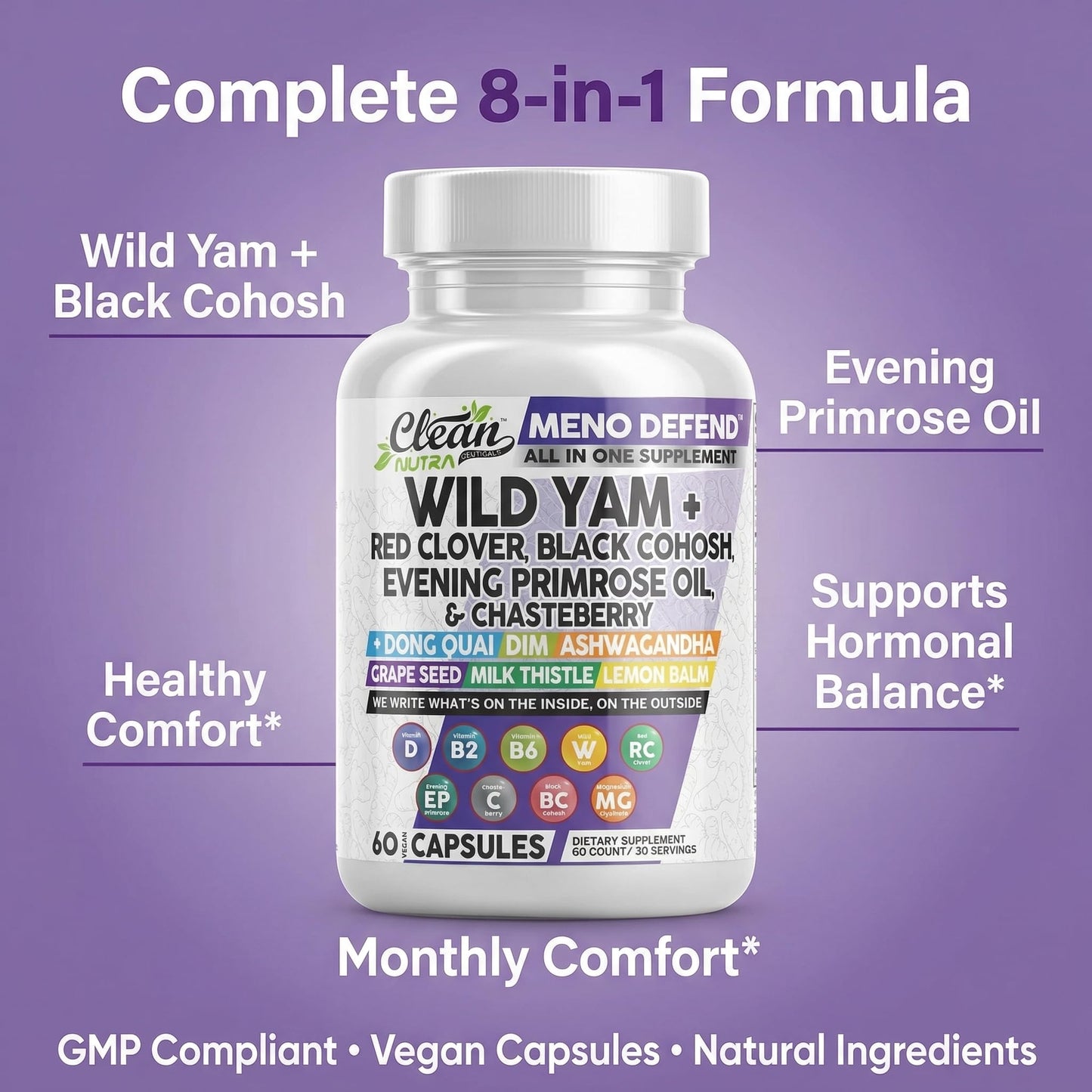 Clean Nutra Wild Yam Root Capsules with Red Clover Black Cohosh Evening Primrose Oil Chasteberry Dong Quai DIM Ashwagandha Grape Seed Extract Milk Thistle Lemon Balm - PrimeBioHealth - canada supplements