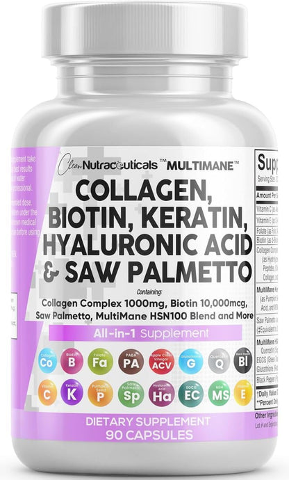 Clean Nutraceuticals Collagen Pills 1000mg Biotin 10000mcg Keratin Saw Palmetto Hyaluronic Acid - Hair Skin & Nails Vitamins & DHT Blocker with Vitamin E Folic Acid - PrimeBioHealth - canada supplements