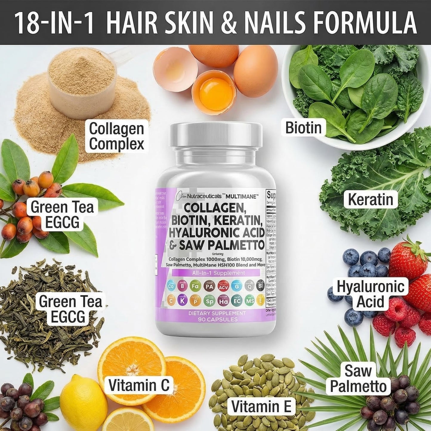 Clean Nutraceuticals Collagen Pills 1000mg Biotin 10000mcg Keratin Saw Palmetto Hyaluronic Acid - Hair Skin & Nails Vitamins & DHT Blocker with Vitamin E Folic Acid - PrimeBioHealth - canada supplements