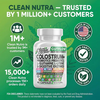 Clean Nutraceuticals Colostrum Supplement Capsules Probiotics Pills Prebiotics, L-Glutamine, Digestive Enzymes, Folate, Fiber, ACV, Turmeric, Apple Pectin and Turmeric Pills - PrimeBioHealth - canada supplements