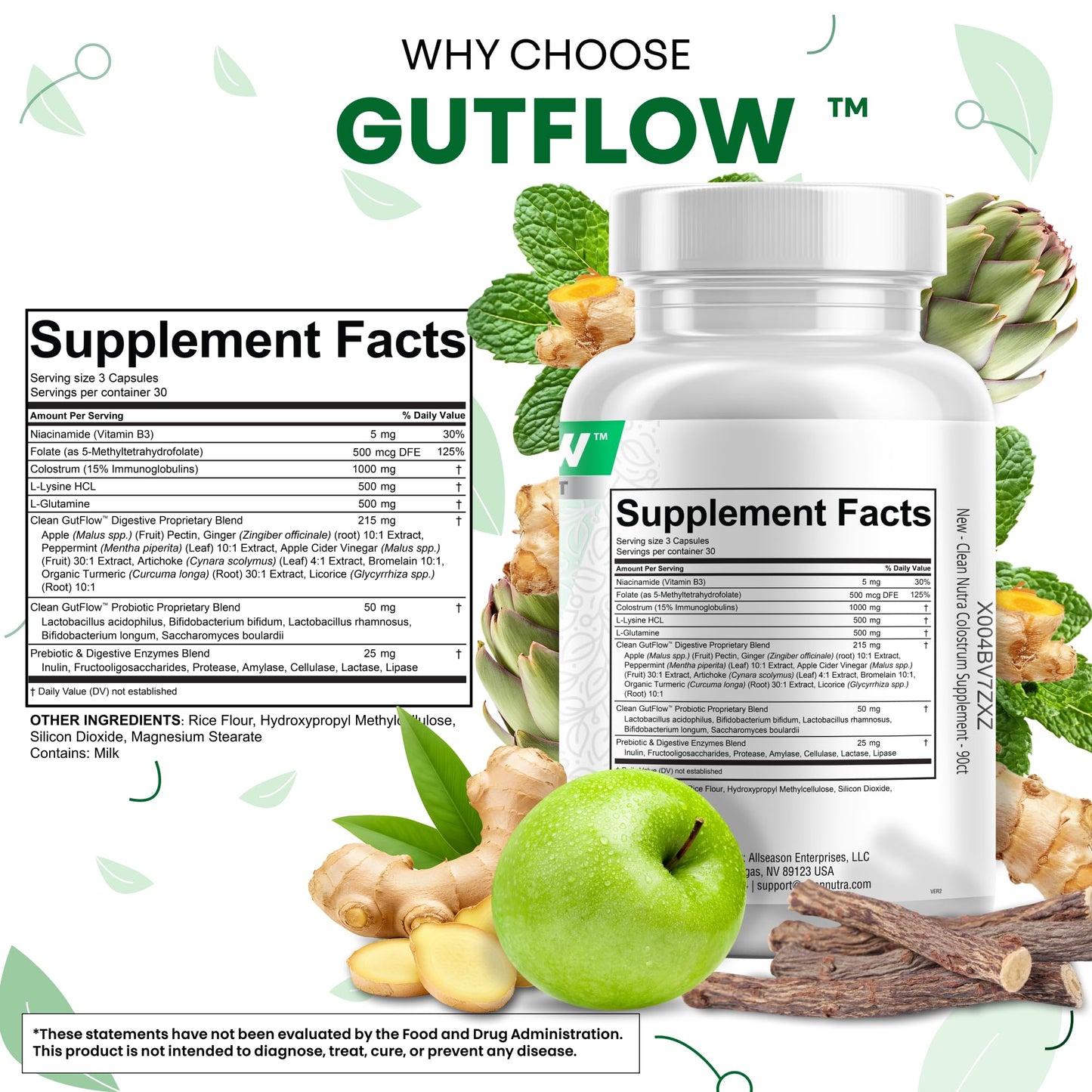 Clean Nutraceuticals Colostrum Supplement Capsules Probiotics Pills Prebiotics, L-Glutamine, Digestive Enzymes, Folate, Fiber, ACV, Turmeric, Apple Pectin and Turmeric Pills - PrimeBioHealth - canada supplements
