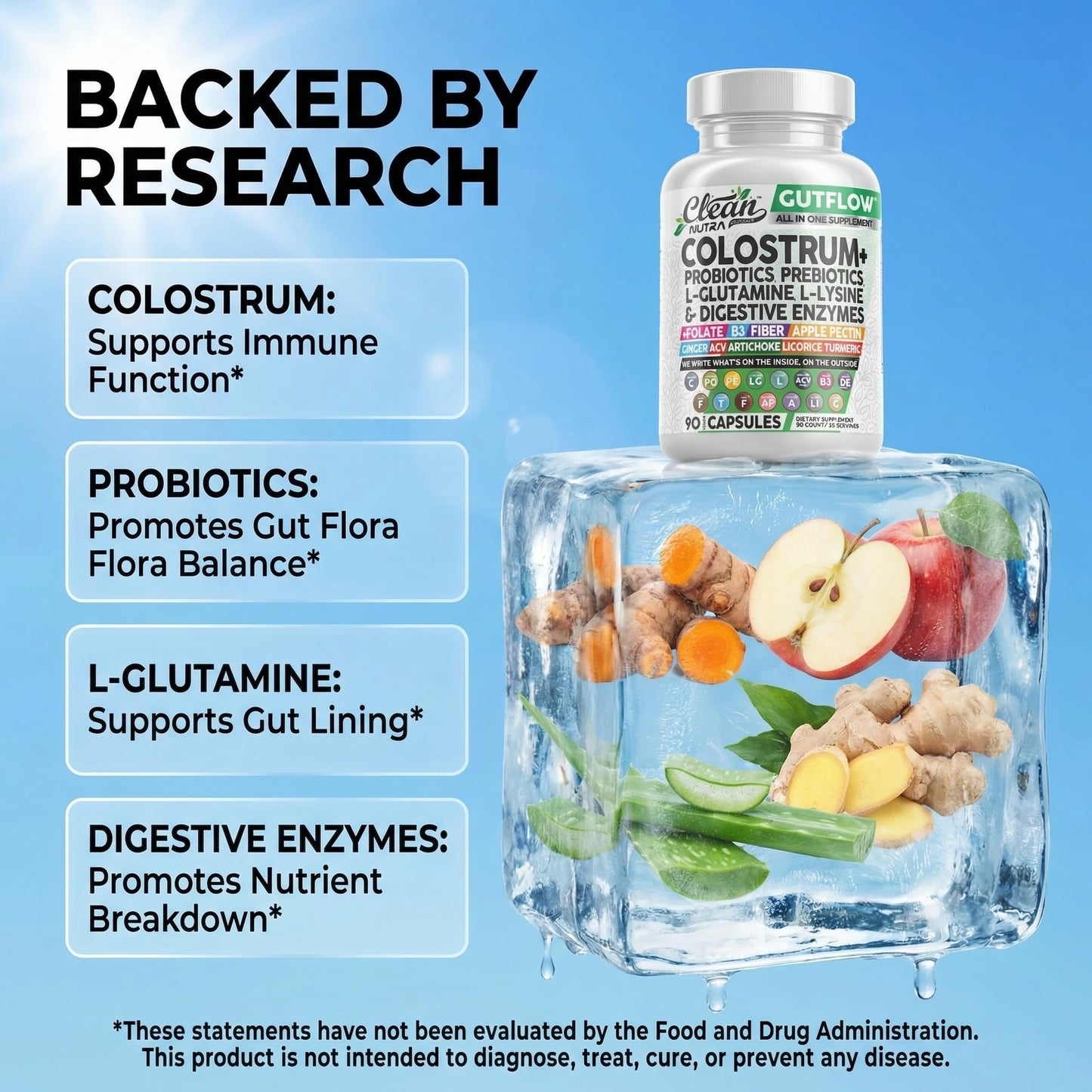 Clean Nutraceuticals Colostrum Supplement Capsules Probiotics Pills Prebiotics, L-Glutamine, Digestive Enzymes, Folate, Fiber, ACV, Turmeric, Apple Pectin and Turmeric Pills - PrimeBioHealth - canada supplements