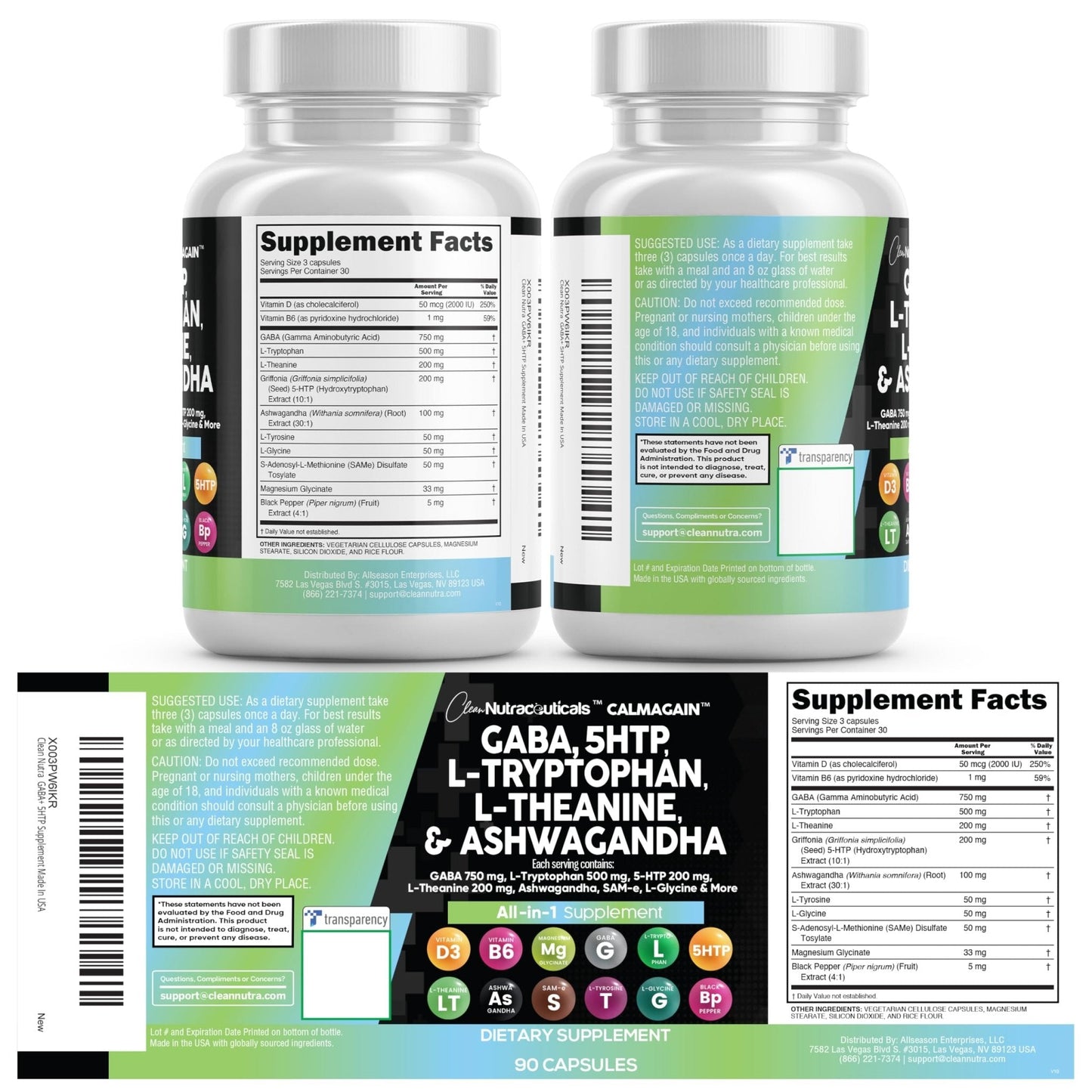 Clean Nutraceuticals GABA 750mg 5 HTP 200mg L Tryptophan 500mg L Theanine 200mg Ashwagandha SAM-e L-Glycine - Mood Support Vitamins for Women and Men with L-Tyrosine 5-HTP - PrimeBioHealth - canada supplements