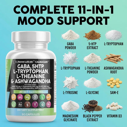 Clean Nutraceuticals GABA 750mg 5 HTP 200mg L Tryptophan 500mg L Theanine 200mg Ashwagandha SAM-e L-Glycine - Mood Support Vitamins for Women and Men with L-Tyrosine 5-HTP - PrimeBioHealth - canada supplements
