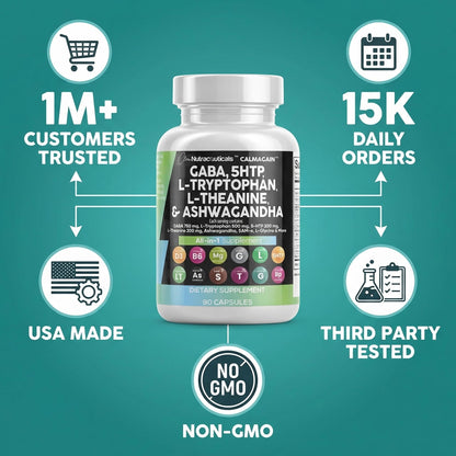 Clean Nutraceuticals GABA 750mg 5 HTP 200mg L Tryptophan 500mg L Theanine 200mg Ashwagandha SAM-e L-Glycine - Mood Support Vitamins for Women and Men with L-Tyrosine 5-HTP - PrimeBioHealth - canada supplements