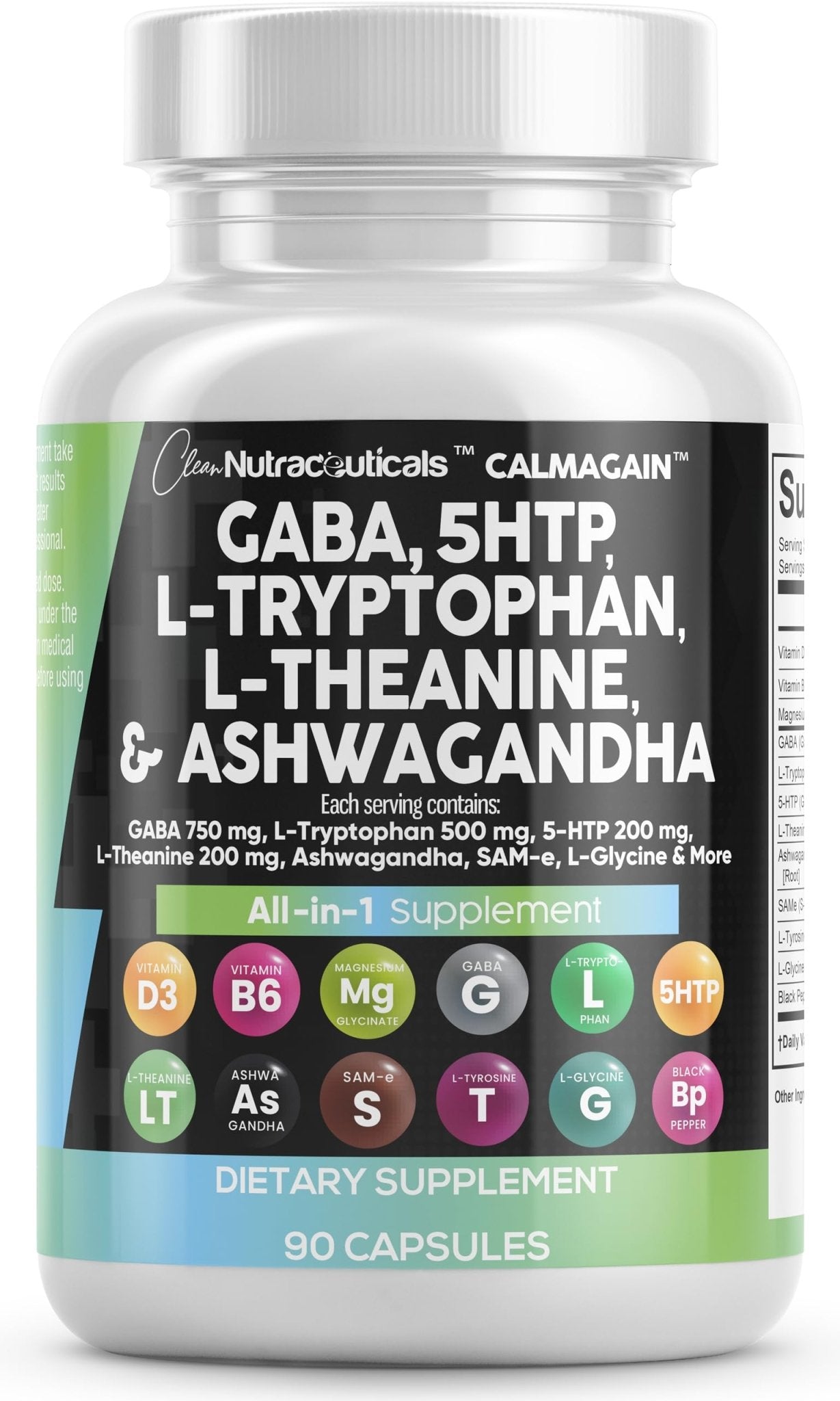 Clean Nutraceuticals GABA 750mg 5 HTP 200mg L Tryptophan 500mg L Theanine 200mg Ashwagandha SAM-e L-Glycine - Mood Support Vitamins for Women and Men with L-Tyrosine 5-HTP - PrimeBioHealth - canada supplements