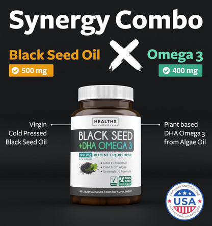 Cold-Pressed Black Seed Oil Capsules - Vegan Non-GMO Nigella Sativa Black Seed Oil Supplement with Omega 3 DHA for Full Body Wellness & Brain Support - Vegan Omega 3 & Thymoquinone-Rich (1 Month) - PrimeBioHealth - canada supplements