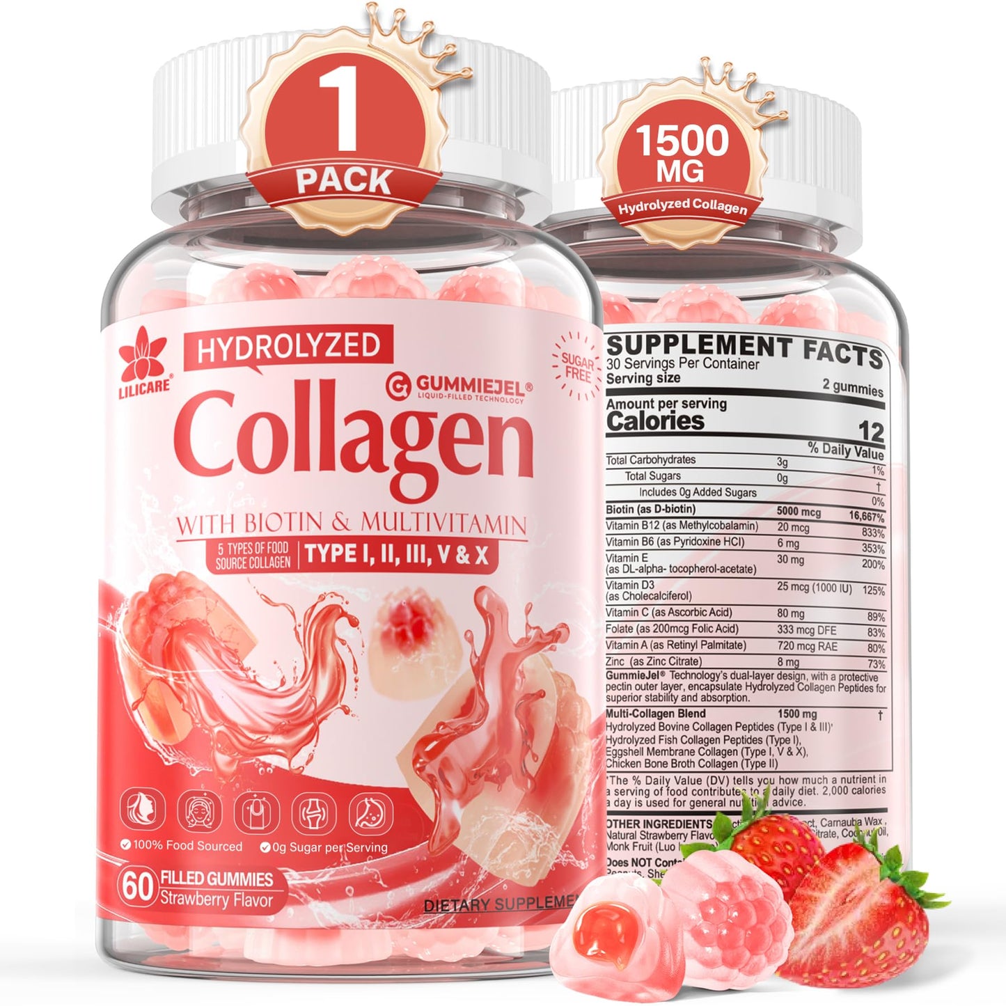 Collagen Peptide Gummies for Women & Men Sugar-Free, Multi Collagen Hydrolyzed w/ 1500mg Protein Type I,II,III,V,X, 5000mcg Biotin, Methylated B12, Vitamin C A E D3 B6 - PrimeBioHealth - canada supplements