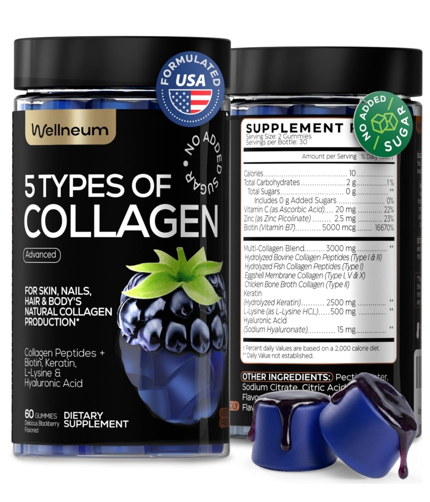 Collagen Peptides Gummies Sugar Free 3000mg Multi Collagen Blend for Hair Skin & Nails Support + 2500mg Keratin + 5000mcg Biotin, Hyaluronic Acid, - PrimeBioHealth - canada supplements
