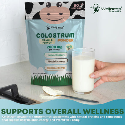 Colostrum Powder 2000mg - Vanilla Flavor, 60% IgG Bovine Colostrum Supplement for Gut Health, Immune Support, Clean Skin, Anti-Aging, Grass-Fed Calostro Bovino Powder, Keto, Gluten-Free - 60 Servings - PrimeBioHealth - canada supplements