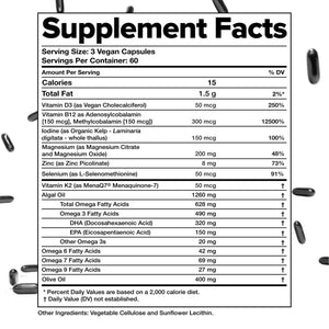 Complement Essential Vegan Multivitamin for Men & Women (60 Servings, 180 Capsules) with Omega-3 DHA & EPA, B12, Vitamin D3 & K2