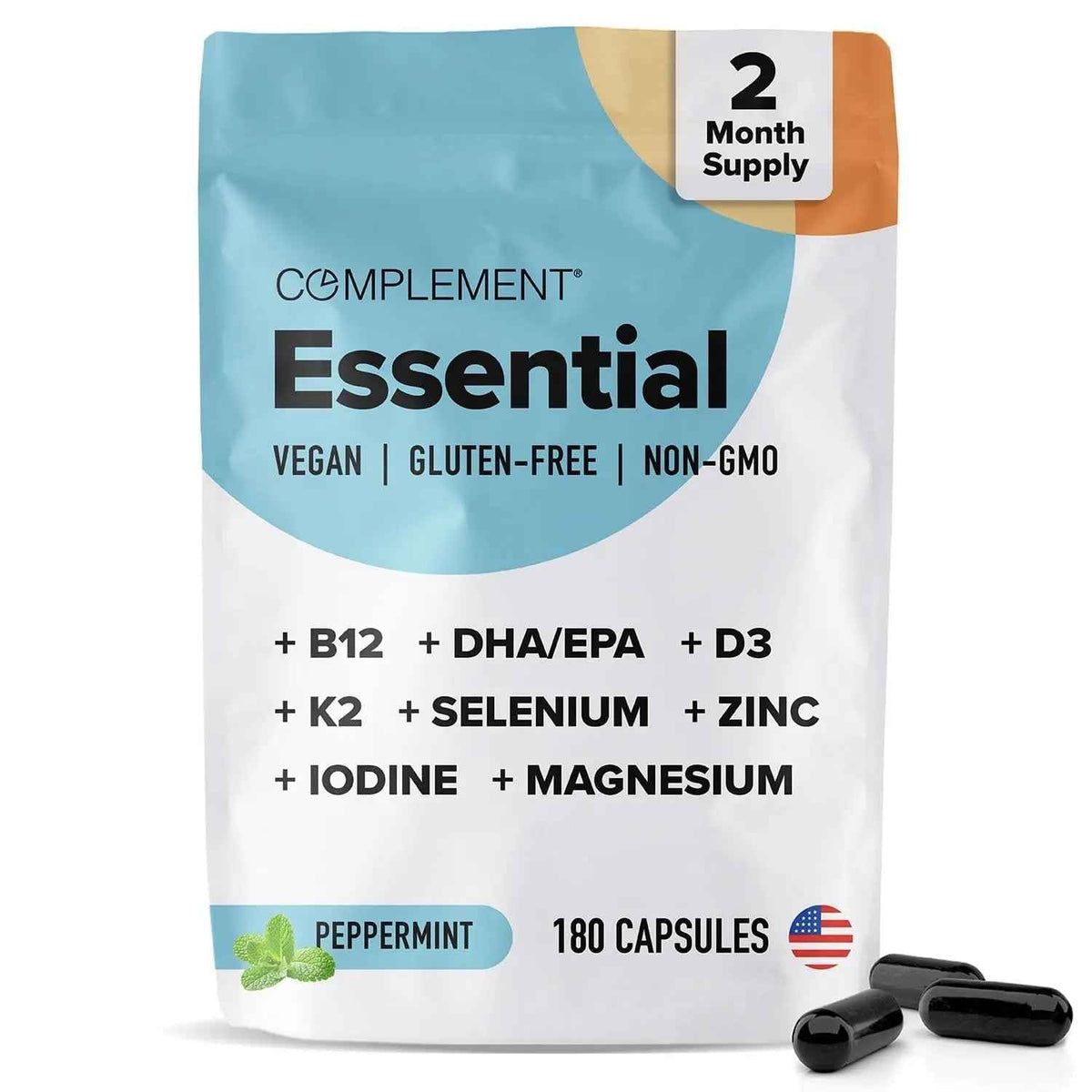 Complement Essential Vegan Multivitamin for Men & Women (60 Servings, 180 Capsules) with Omega-3 DHA & EPA, B12, Vitamin D3 & K2