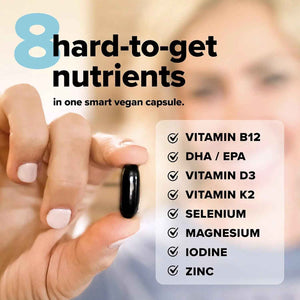 Complement Essential Vegan Multivitamin for Men & Women (60 Servings, 180 Capsules) with Omega-3 DHA & EPA, B12, Vitamin D3 & K2