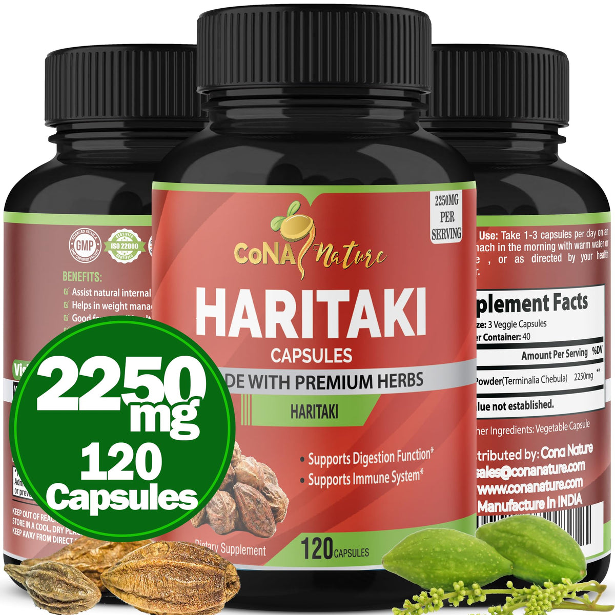 Cona Nature Organic India Haritaki Capsules 2250MG, Rejuvenation, Improving Digestion, Maintains Regularity | Non-GMO Vegan Gluten-Free Herbs and Supplements, 120 Caps - PrimeBioHealth - canada supplements