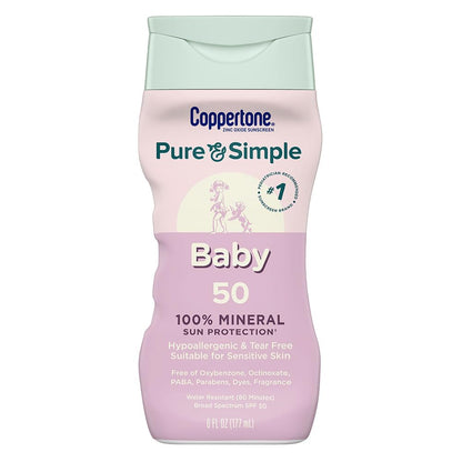 Coppertone Pure and Simple Baby Sunscreen Lotion SPF 50, Zinc Oxide Mineral Sunscreen for Babies, Hypoallergenic and Tear Free, 6 Fl Oz Bottle - PrimeBioHealth - canada supplements