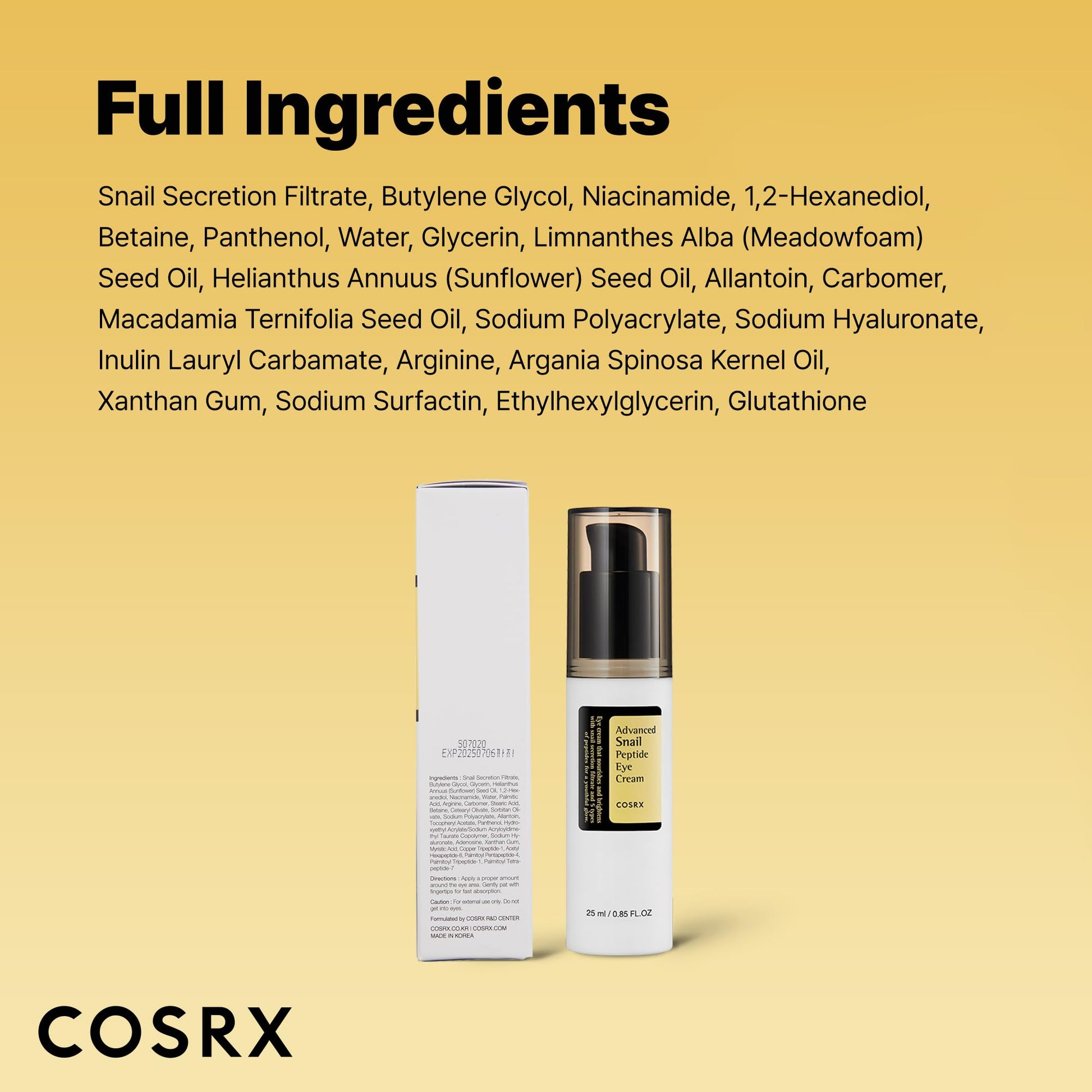 COSRX Snail Mucin Peptide Under Eye Cream, 0.84 fl oz, 73.7% Snail Mucin and Niacinamide, Eye Care - PrimeBioHealth - canada supplements