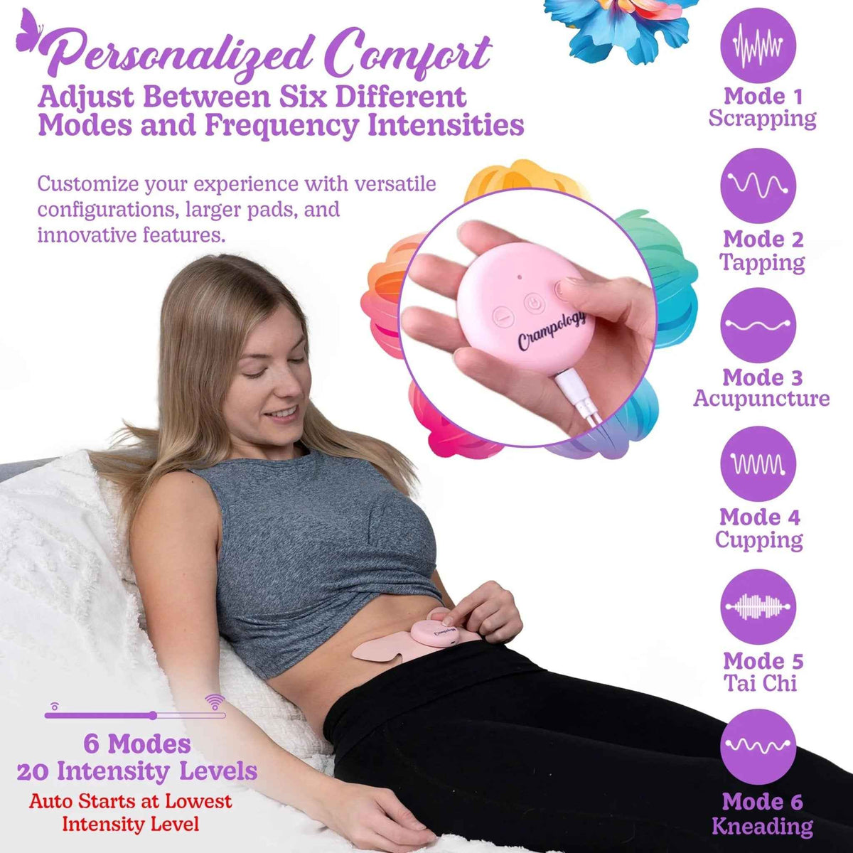 Crampology Relief Pink-Period Cramps Pain Relieving Device, Cramp Massager for Menstrual and Lower Back Ache, Reduces Endometriosis Discomfort, PMS TENS Unit, Wireless or Wired, Natural Cycle Support
