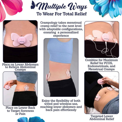 Crampology Relief Pink-Period Cramps Pain Relieving Device, Cramp Massager for Menstrual and Lower Back Ache, Reduces Endometriosis Discomfort, PMS TENS Unit, Wireless or Wired, Natural Cycle Support