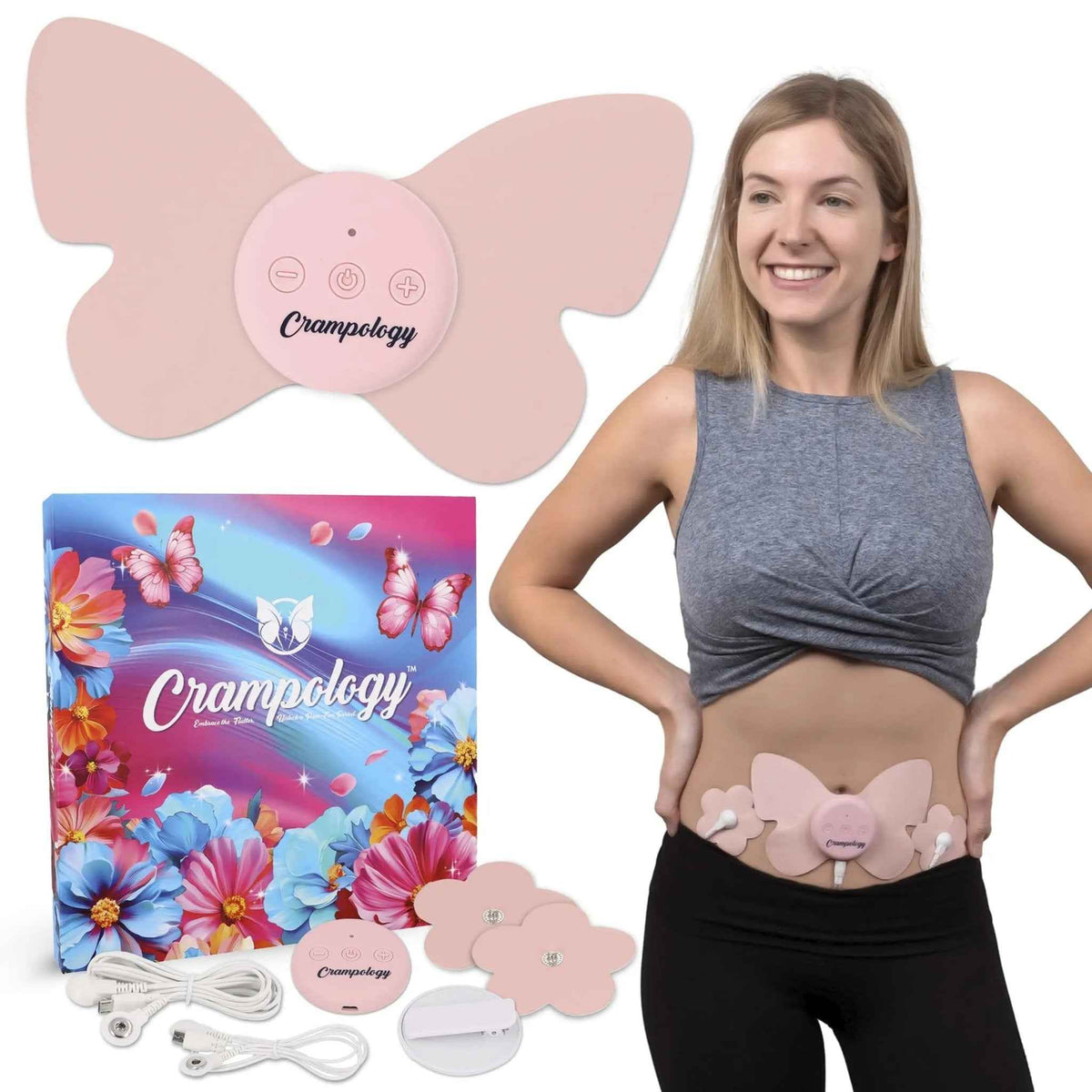 Crampology Relief Pink-Period Cramps Pain Relieving Device, Cramp Massager for Menstrual and Lower Back Ache, Reduces Endometriosis Discomfort, PMS TENS Unit, Wireless or Wired, Natural Cycle Support