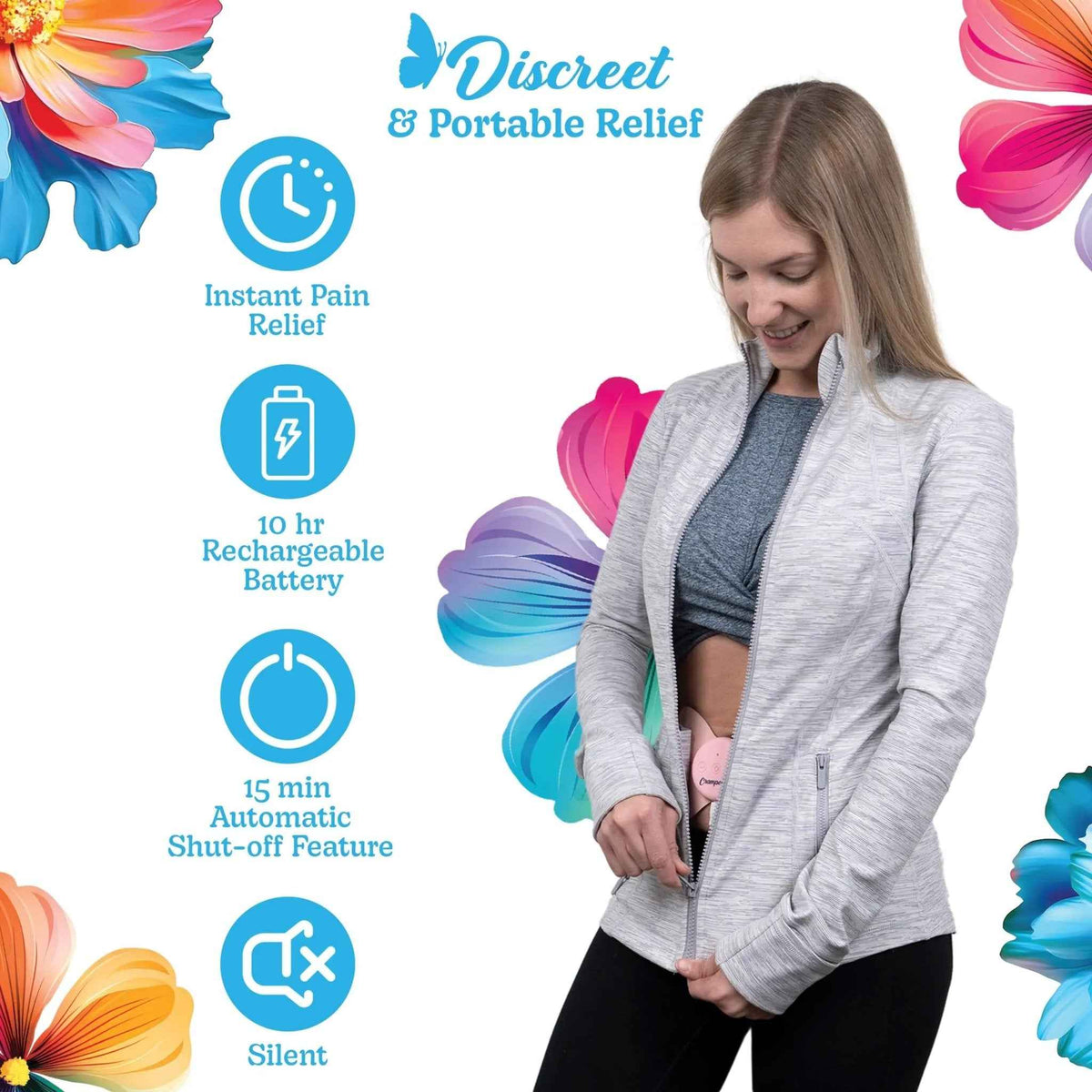 Crampology Relief Pink-Period Cramps Pain Relieving Device, Cramp Massager for Menstrual and Lower Back Ache, Reduces Endometriosis Discomfort, PMS TENS Unit, Wireless or Wired, Natural Cycle Support