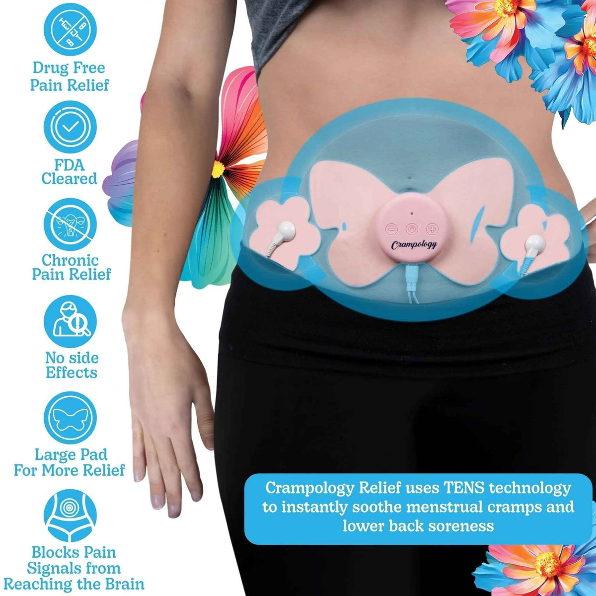 Crampology Relief Pink-Period Cramps Pain Relieving Device, Cramp Massager for Menstrual and Lower Back Ache, Reduces Endometriosis Discomfort, PMS TENS Unit, Wireless or Wired, Natural Cycle Support