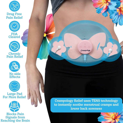 Crampology Relief Pink-Period Cramps Pain Relieving Device, Cramp Massager for Menstrual and Lower Back Ache, Reduces Endometriosis Discomfort, PMS TENS Unit, Wireless or Wired, Natural Cycle Support