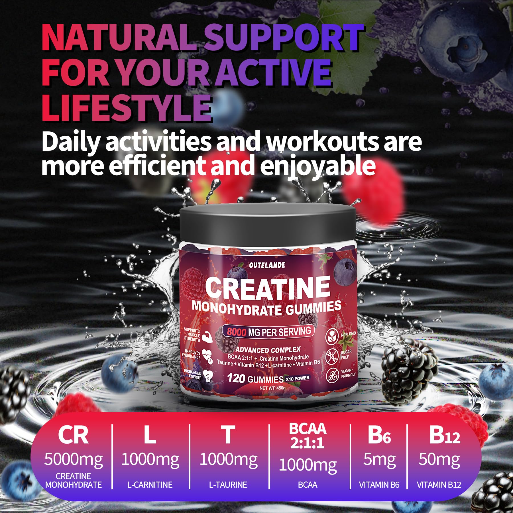 Creatine Monohydrate Gummies 8000 mg for Men & Women, Creatine Supplement for Enhanced Muscle Growth, Energy Boost - with L-Taurine, Sugar Free, Vegan - PrimeBioHealth - canada supplements