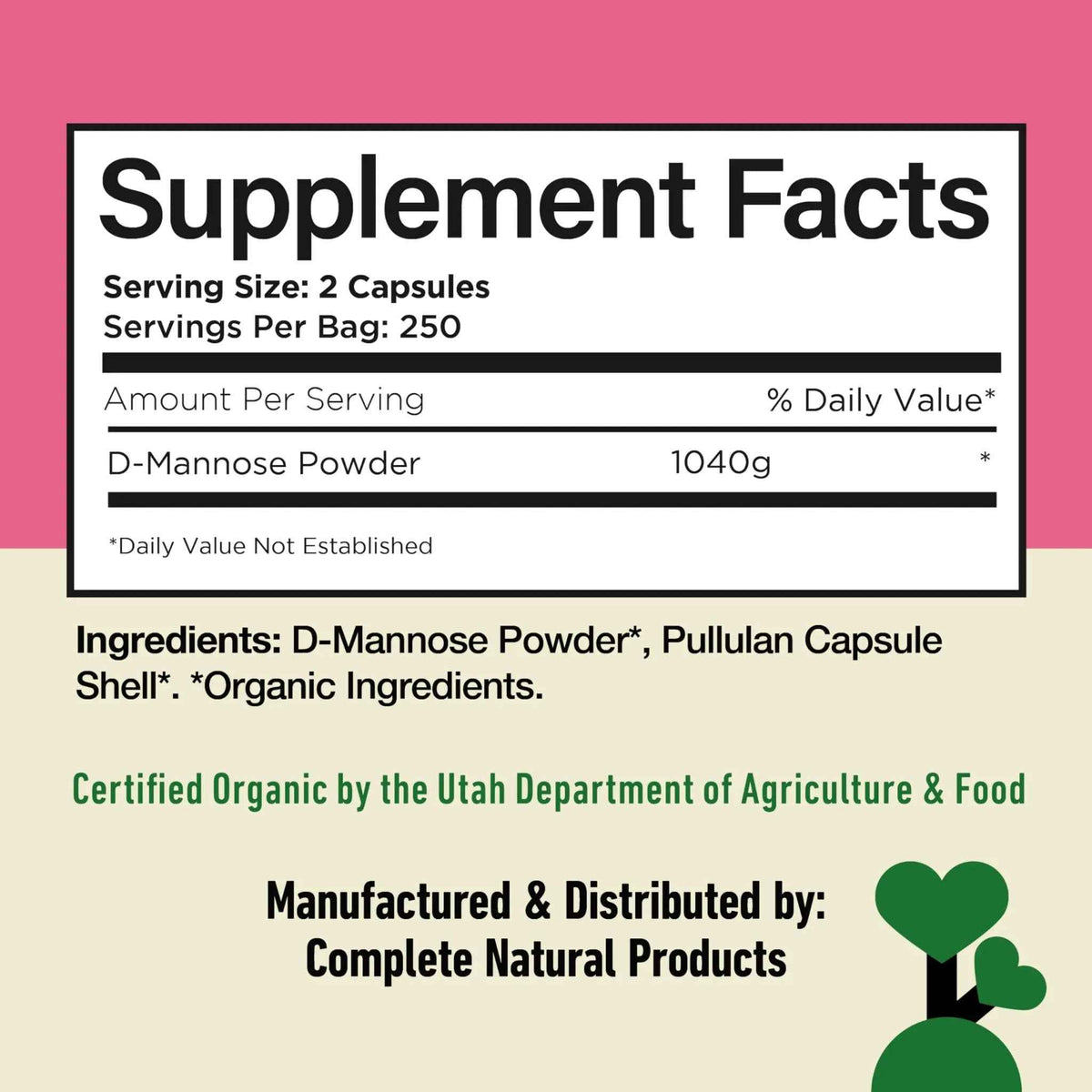D Mannose 520mg Capsules - Organic D Mannose Supplement for UT Support, Urinary Tract Bladder Health Pills, Plant Based Formula, Vegan Non GMO, No Fillers, 500 Capsule Count Made USA Certified Kosher