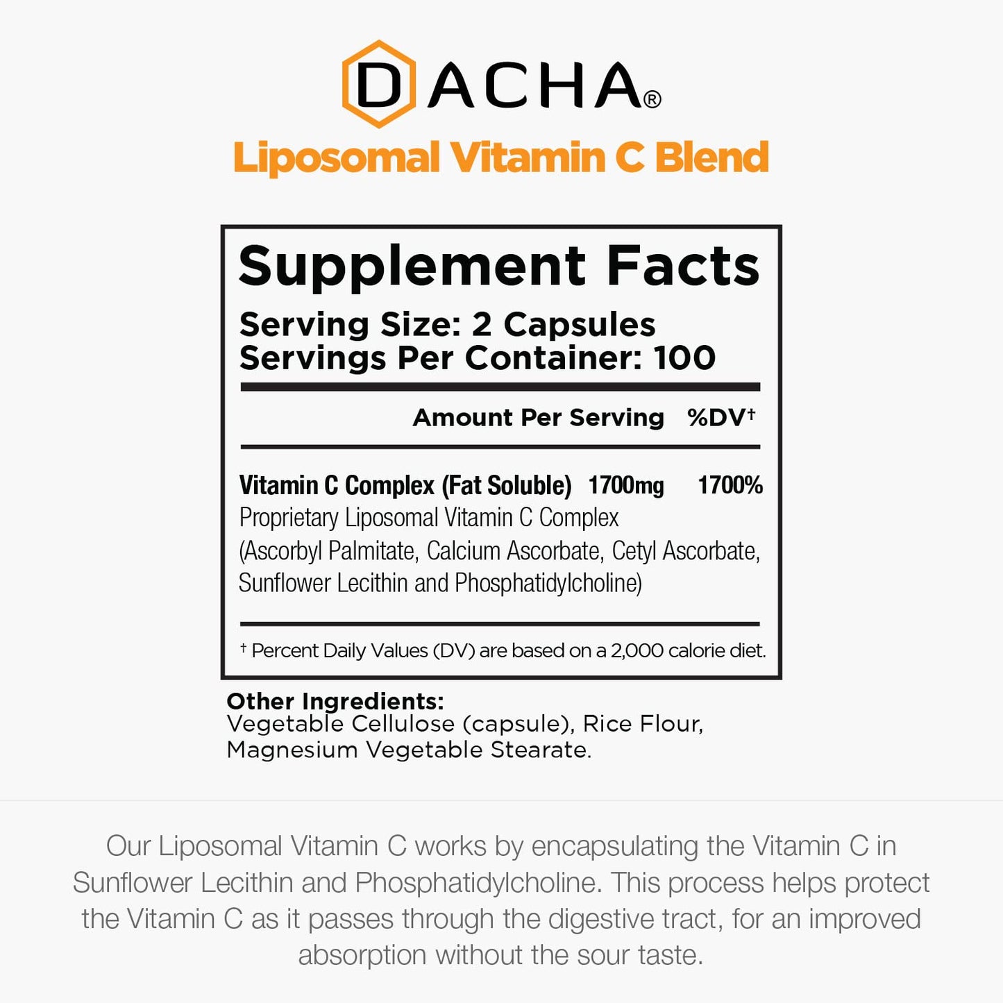 DACHA Natural Liposomal Vitamin C - 1700mg, 200 Capsules, Immune System & Collagen Booster, High Absorption Fat Soluble VIT C - PrimeBioHealth - canada supplements