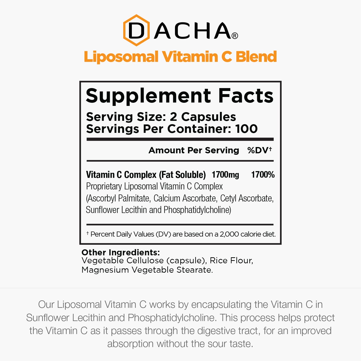 DACHA Natural Liposomal Vitamin C - 1700mg, 200 Capsules, Immune System & Collagen Booster, High Absorption Fat Soluble VIT C - PrimeBioHealth - canada supplements