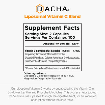 DACHA Natural Liposomal Vitamin C - 1700mg, 200 Capsules, Immune System & Collagen Booster, High Absorption Fat Soluble VIT C - PrimeBioHealth - canada supplements