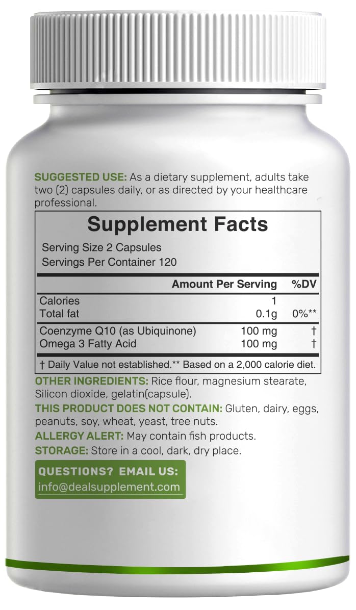 DEAL SUPPLEMENT CoQ10 100mg with Omega 3 100mg, 240 Capsules | Bioavailable Coenzyme Q10 Formula | Non-GMO - PrimeBioHealth - canada supplements