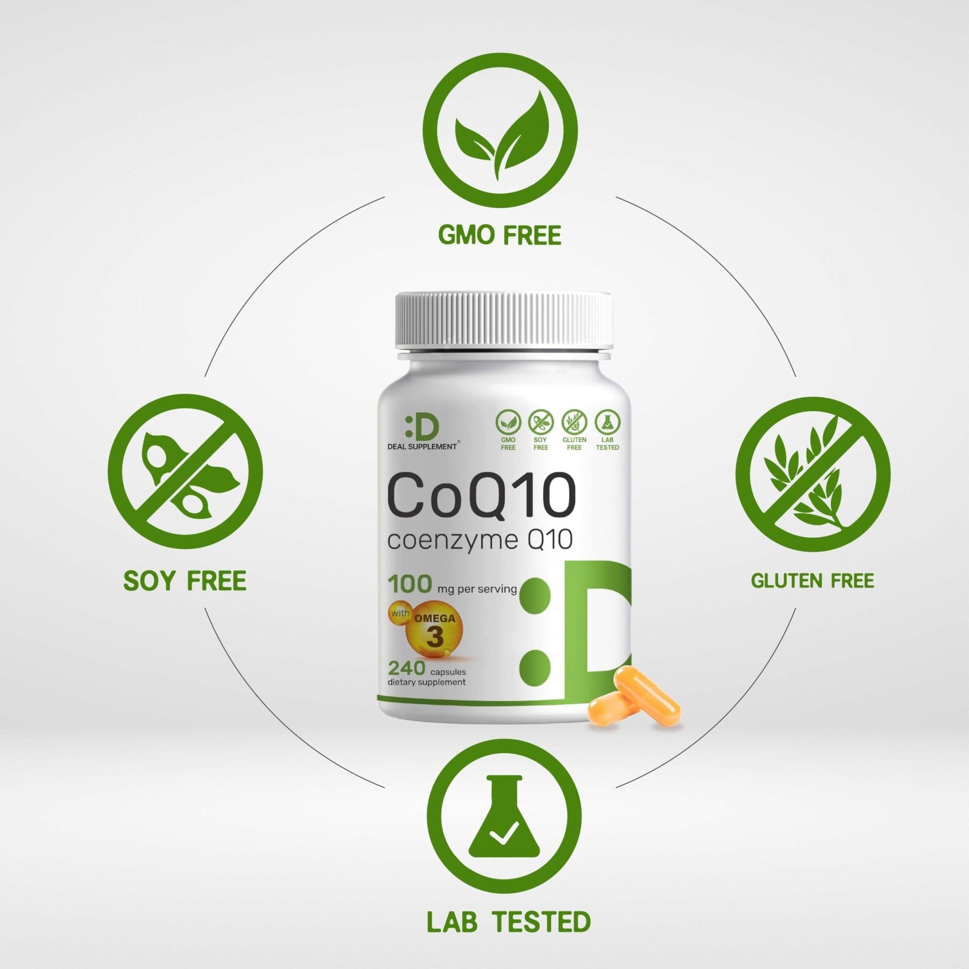 DEAL SUPPLEMENT CoQ10 100mg with Omega 3 100mg, 240 Capsules | Bioavailable Coenzyme Q10 Formula | Non-GMO - PrimeBioHealth - canada supplements
