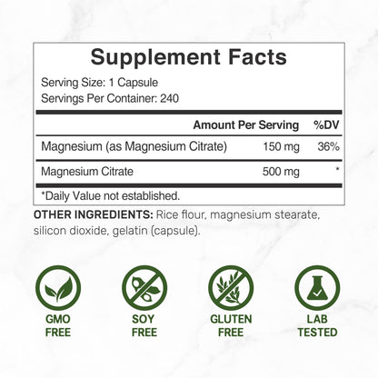 DEAL SUPPLEMENT Magnesium Citrate 500mg, 240 Capsules | Easily Absorbed, Purified Trace Mineral – One a Day, Non-GMO - PrimeBioHealth - canada supplements