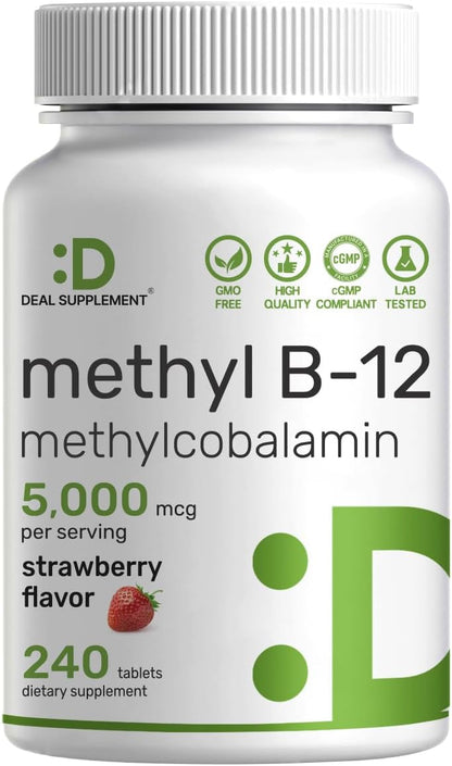 DEAL SUPPLEMENT Methyl B-12 Vitamins 5000 mcg Per Serving, 240 Tablets | Active Form - Strawberry Flavored - Vitamin B12 Supplement for Women & Men - GMO Free & Gluten Free - PrimeBioHealth - canada supplements