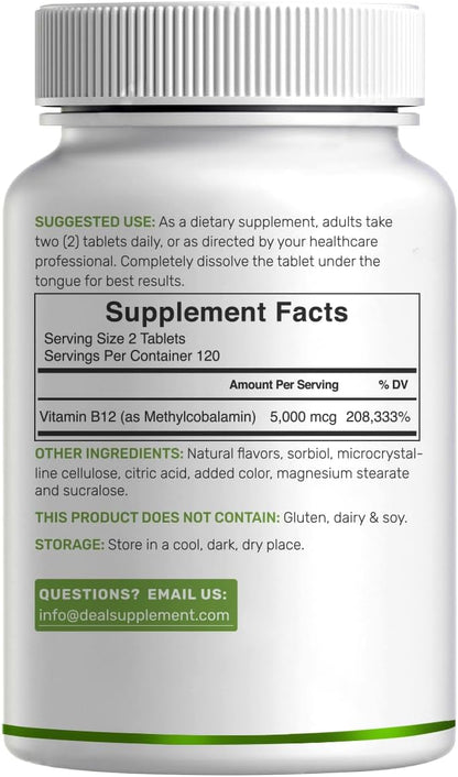 DEAL SUPPLEMENT Methyl B-12 Vitamins 5000 mcg Per Serving, 240 Tablets | Active Form - Strawberry Flavored - Vitamin B12 Supplement for Women & Men - GMO Free & Gluten Free - PrimeBioHealth - canada supplements