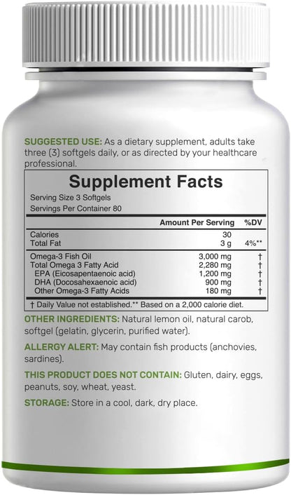 DEAL SUPPLEMENT Omega 3 Fish Oil Supplements, 3,000mg Per Serving, 240 Softgels – EPA 1,200mg + DHA 900mg – Burpless Pills, Lemon Flavored, Wild Caught – Brain & Heart Support – Mercury Free, Non-GMO - PrimeBioHealth - canada supplements