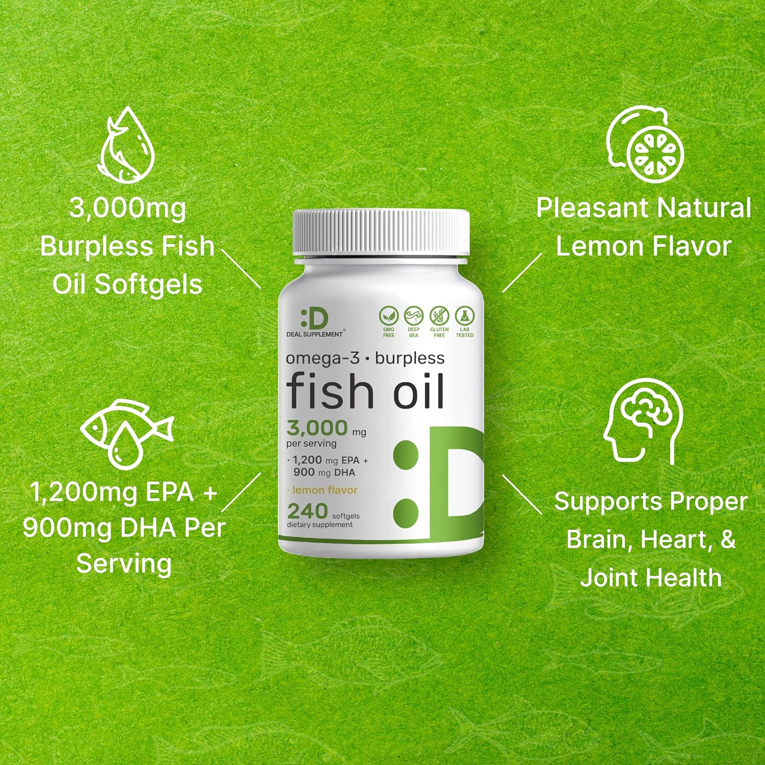 DEAL SUPPLEMENT Omega 3 Fish Oil Supplements, 3,000mg Per Serving, 240 Softgels – EPA 1,200mg + DHA 900mg – Burpless Pills, Lemon Flavored, Wild Caught – Brain & Heart Support – Mercury Free, Non-GMO - PrimeBioHealth - canada supplements