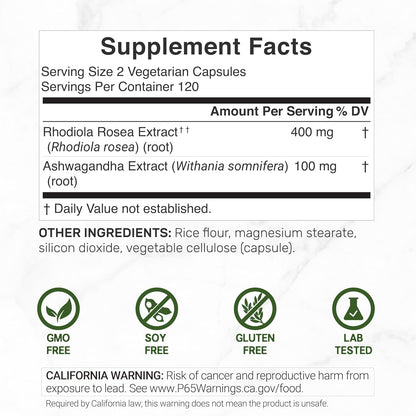 DEAL SUPPLEMENT Rhodiola Rosea with Ashwagandha, 240 Veggie Capsules – Rhodiola Rosea Supplement – Rhodiola & Ashwagandha Blend – Non-GMO - PrimeBioHealth - canada supplements