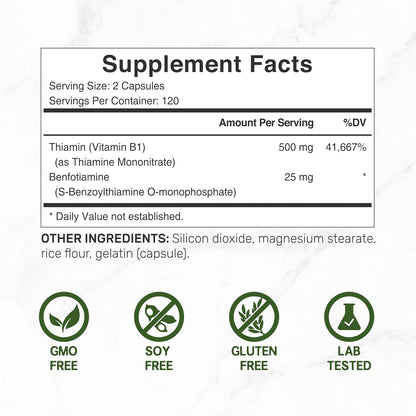 DEAL SUPPLEMENT Vitamin B1 500mg with Benfotiamine, 240 Capsules – 2 in 1 Enhanced Formula – Fat & Water Soluble Thiamine B1 Supplement – Third Party Tested, Non-GMO, No Gluten - PrimeBioHealth - canada supplements