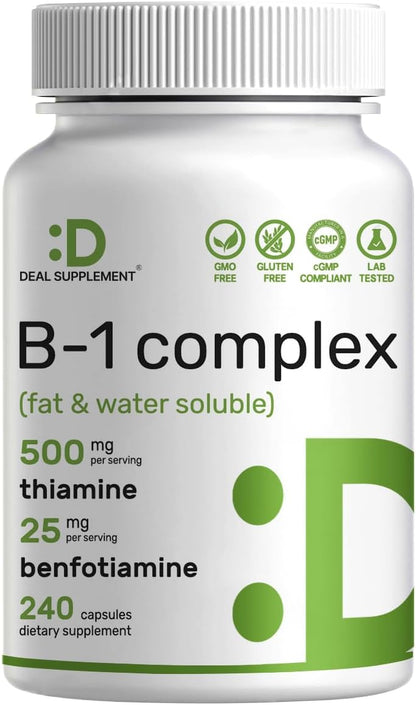 DEAL SUPPLEMENT Vitamin B1 500mg with Benfotiamine, 240 Capsules – 2 in 1 Enhanced Formula – Fat & Water Soluble Thiamine B1 Supplement – Third Party Tested, Non-GMO, No Gluten - PrimeBioHealth - canada supplements