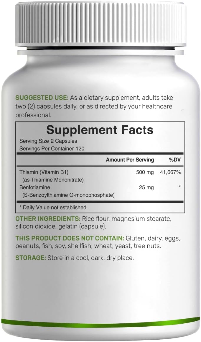 DEAL SUPPLEMENT Vitamin B1 500mg with Benfotiamine, 240 Capsules – 2 in 1 Enhanced Formula – Fat & Water Soluble Thiamine B1 Supplement – Third Party Tested, Non-GMO, No Gluten - PrimeBioHealth - canada supplements
