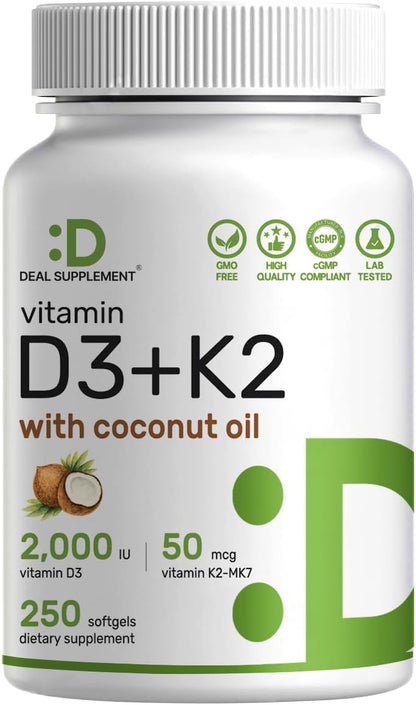 DEAL SUPPLEMENT Vitamin D3 2,000 IU + K2 MK7 50mcg Softgels | 2-in-1 Complex with Virgin Coconut Oil | Supports Heart, Bone, Teeth & Immune Health | Easy to Swallow - PrimeBioHealth - canada supplements
