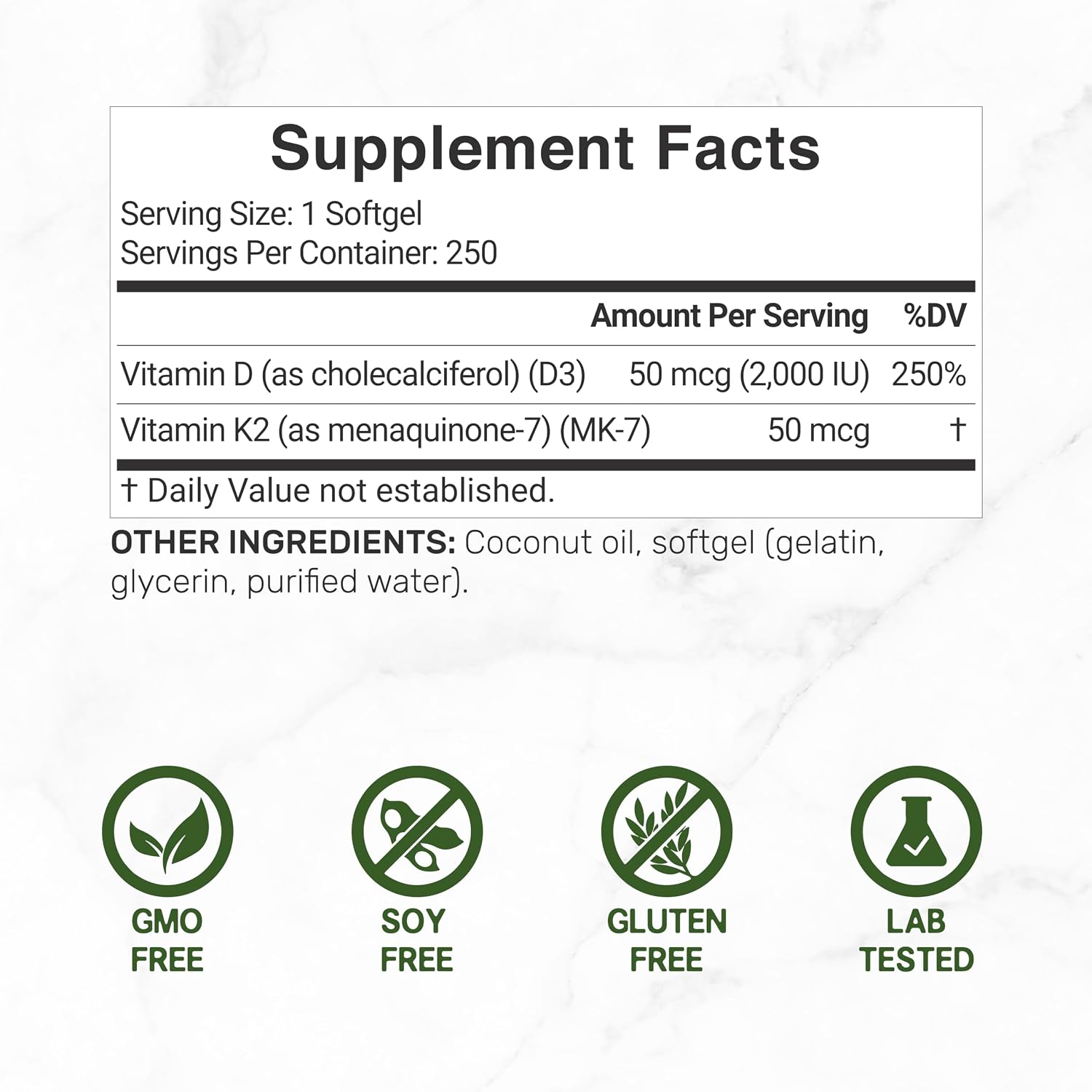 DEAL SUPPLEMENT Vitamin D3 2,000 IU + K2 MK7 50mcg Softgels | 2-in-1 Complex with Virgin Coconut Oil | Supports Heart, Bone, Teeth & Immune Health | Easy to Swallow - PrimeBioHealth - canada supplements