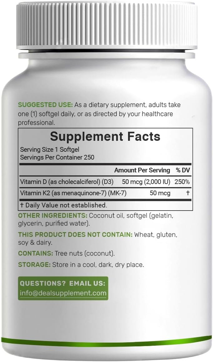 DEAL SUPPLEMENT Vitamin D3 2,000 IU + K2 MK7 50mcg Softgels | 2-in-1 Complex with Virgin Coconut Oil | Supports Heart, Bone, Teeth & Immune Health | Easy to Swallow - PrimeBioHealth - canada supplements