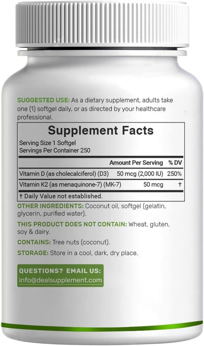 DEAL SUPPLEMENT Vitamin D3 2,000 IU + K2 MK7 50mcg Softgels | 2-in-1 Complex with Virgin Coconut Oil | Supports Heart, Bone, Teeth & Immune Health | Easy to Swallow - PrimeBioHealth - canada supplements